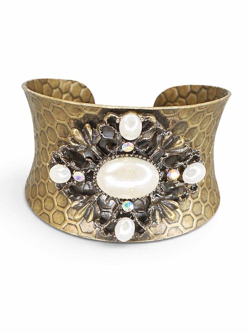 Boho Gold Tone Cuff Bracelet Faux Pearl‎ Rhinestone Statement Bracelet